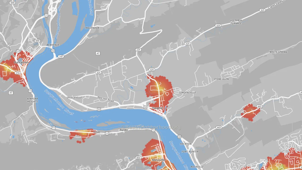 Walk Grade map of 17018, PA, walkable areas in green and car-dependent areas in red