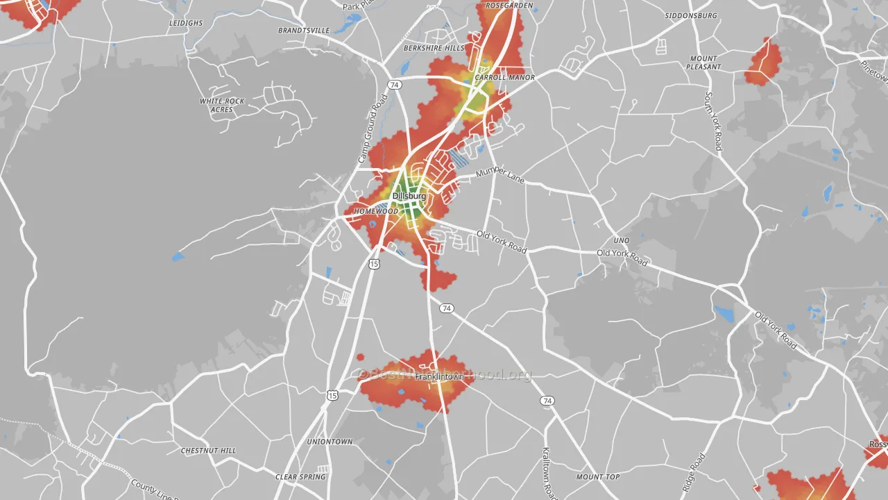 Walk Grade map of 17019, PA, walkable areas in green and car-dependent areas in red
