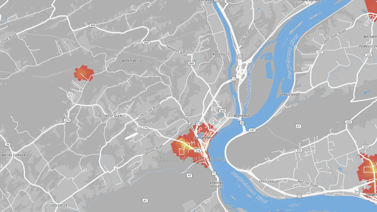 Walk Grade map of 17020, PA, walkable areas in green and car-dependent areas in red