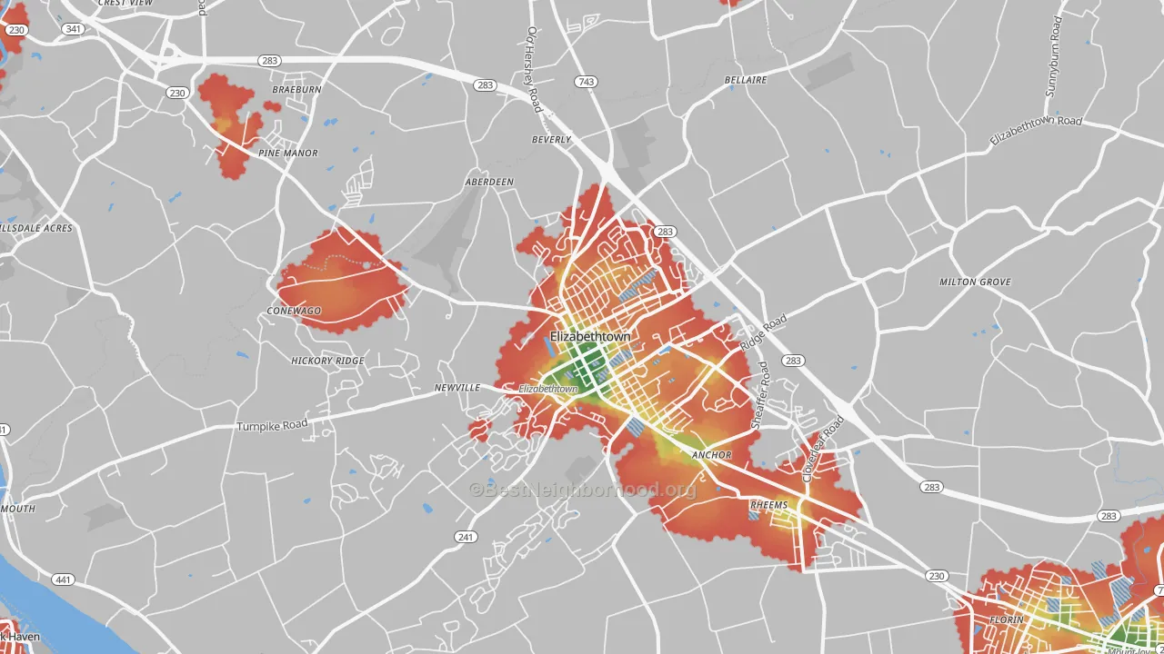 Walk Grade map of 17022, PA, walkable areas in green and car-dependent areas in red