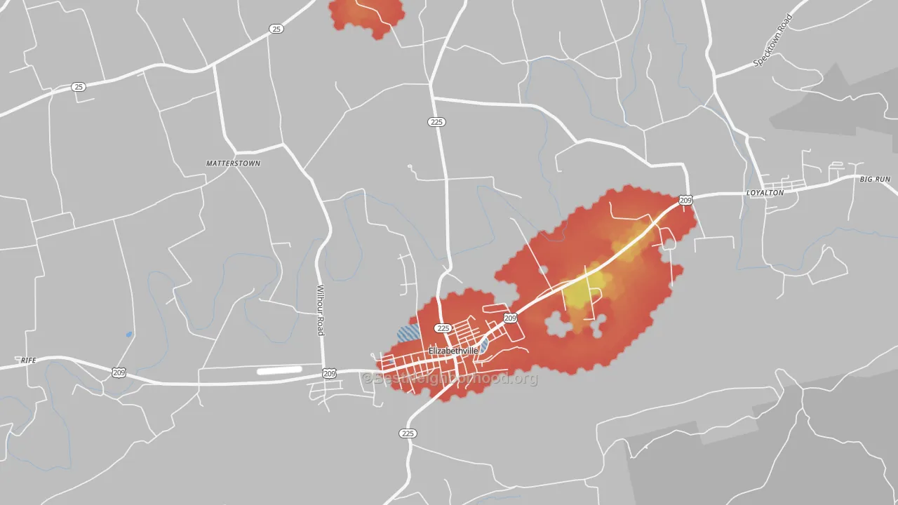 Walk Grade map of 17023, PA, walkable areas in green and car-dependent areas in red