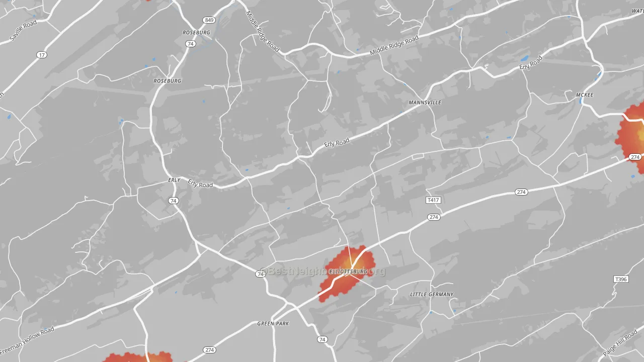 Walk Grade map of 17024, PA, walkable areas in green and car-dependent areas in red