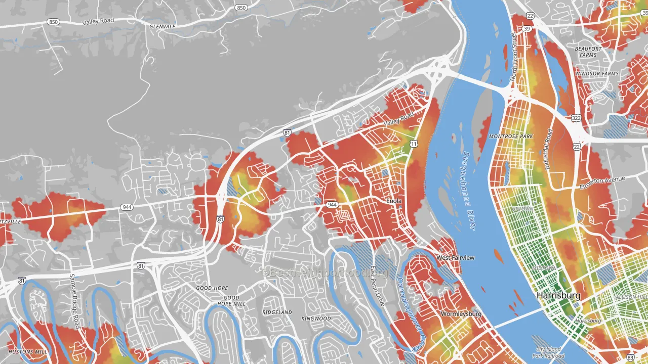 Walk Grade map of 17025, PA, walkable areas in green and car-dependent areas in red