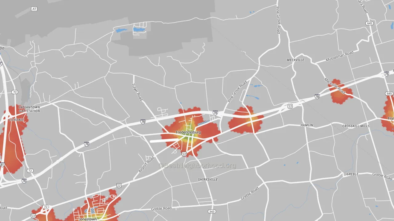 Walk Grade map of 17026, PA, walkable areas in green and car-dependent areas in red