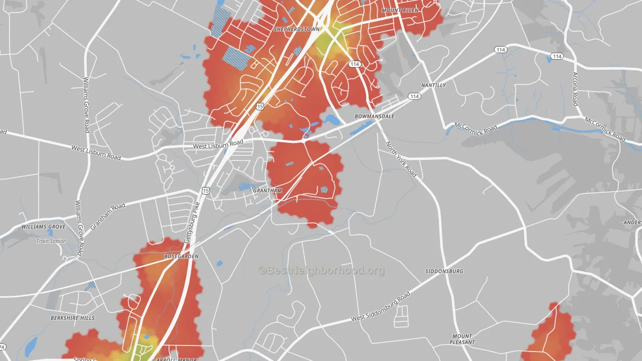 Walk Grade map of 17027, PA, walkable areas in green and car-dependent areas in red
