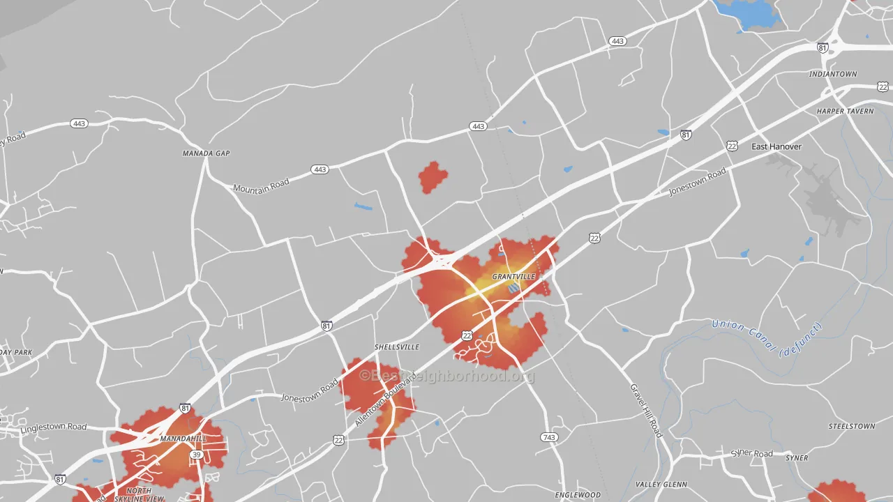 Walk Grade map of 17028, PA, walkable areas in green and car-dependent areas in red