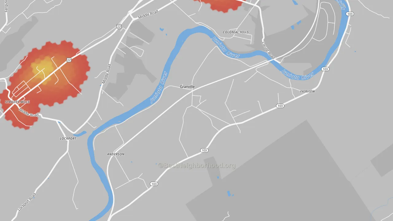 Walk Grade map of 17029, PA, walkable areas in green and car-dependent areas in red