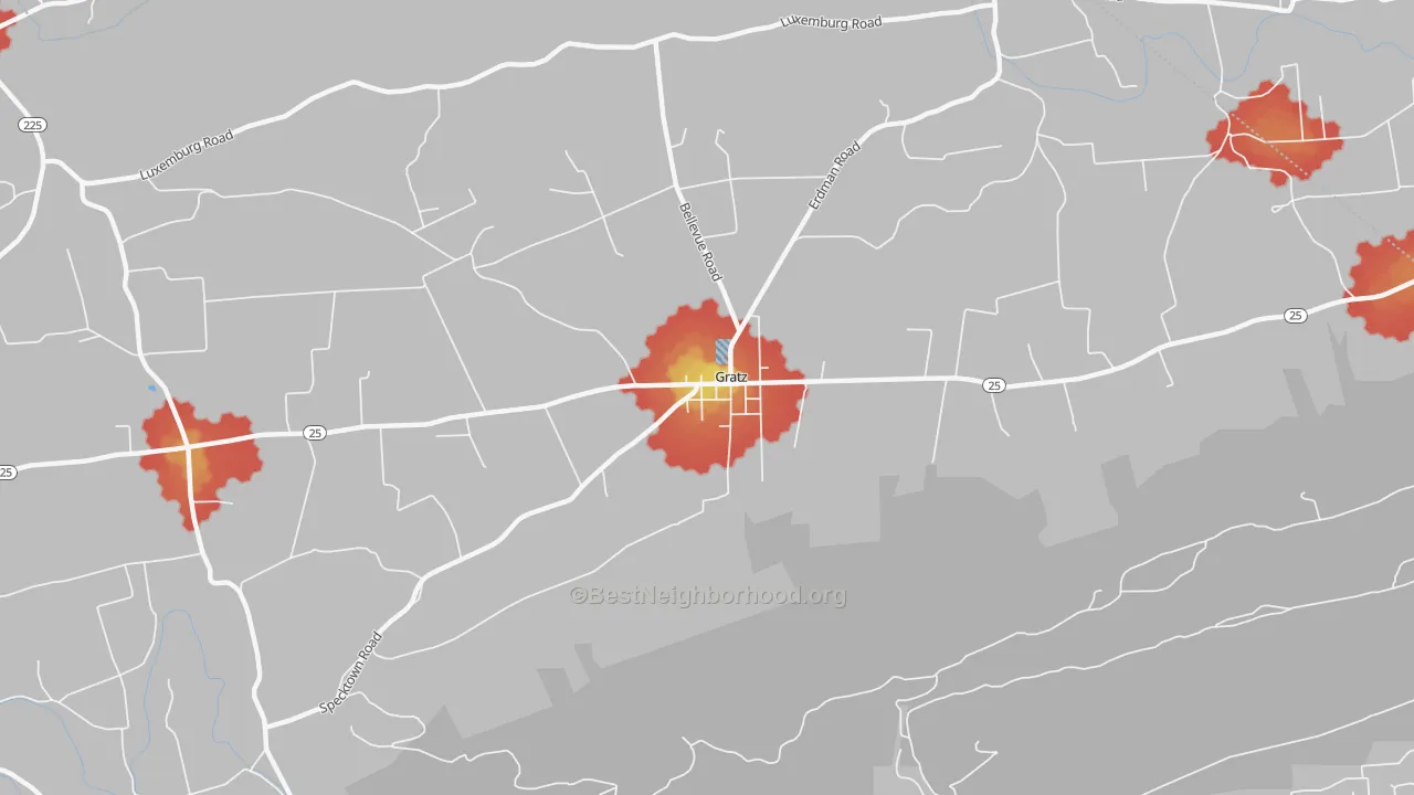 Walk Grade map of 17030, PA, walkable areas in green and car-dependent areas in red
