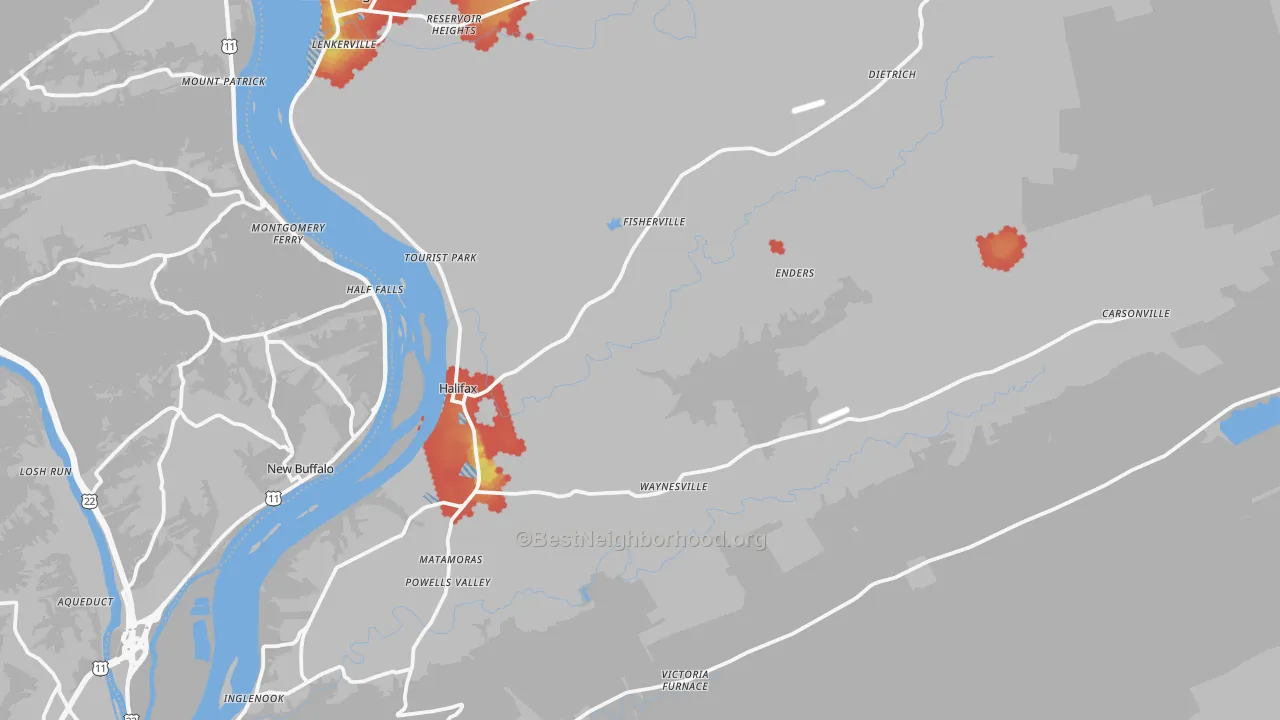 Walk Grade map of 17032, PA, walkable areas in green and car-dependent areas in red