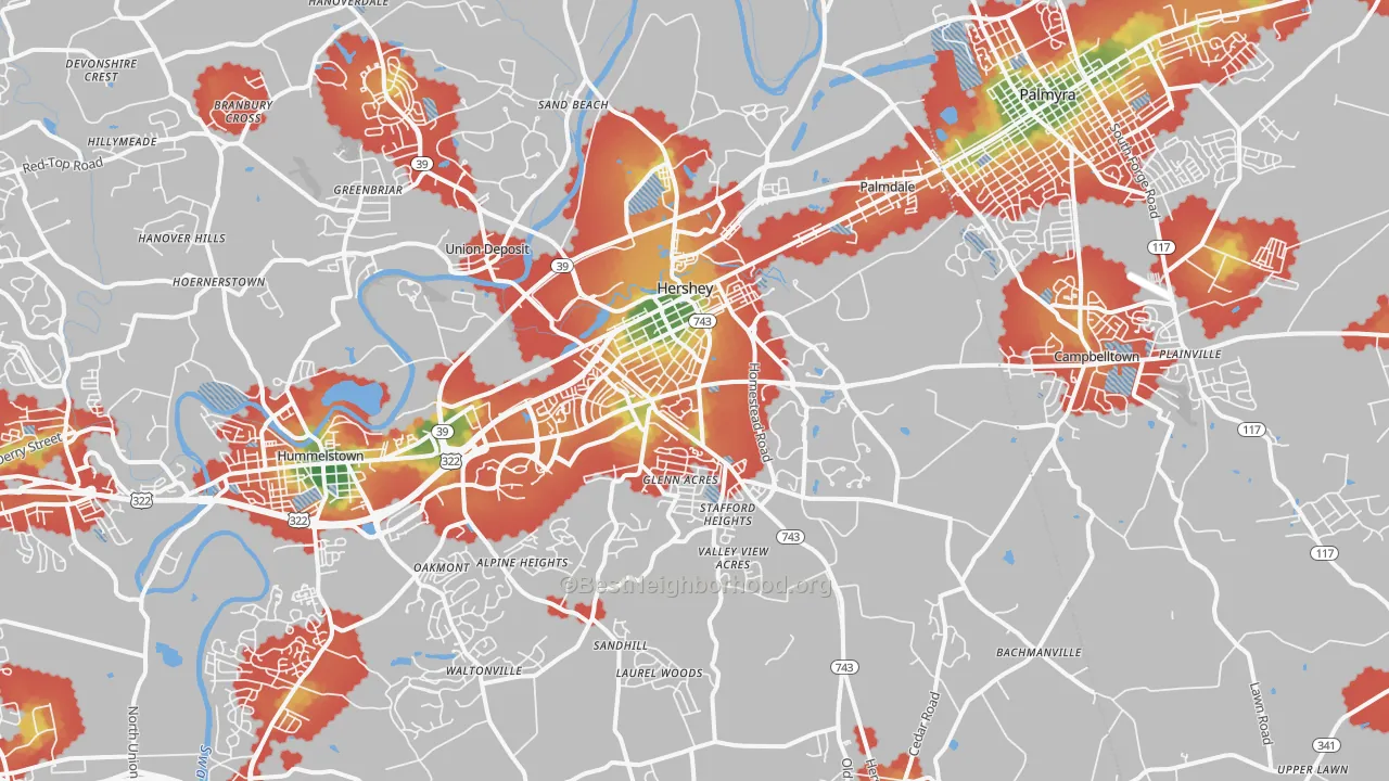 Walk Grade map of 17033, PA, walkable areas in green and car-dependent areas in red