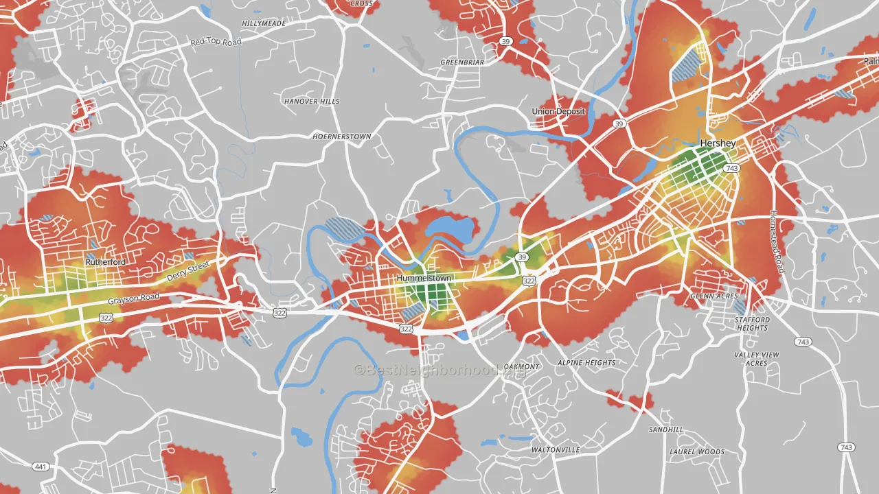 Walk Grade map of 17036, PA, walkable areas in green and car-dependent areas in red