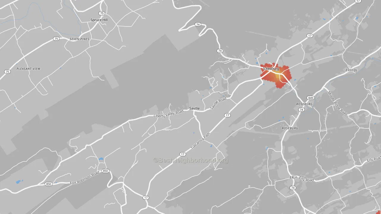 Walk Grade map of 17037, PA, walkable areas in green and car-dependent areas in red