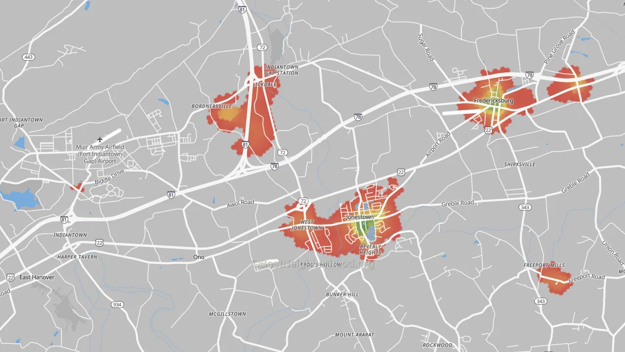 Walk Grade map of 17038, PA, walkable areas in green and car-dependent areas in red
