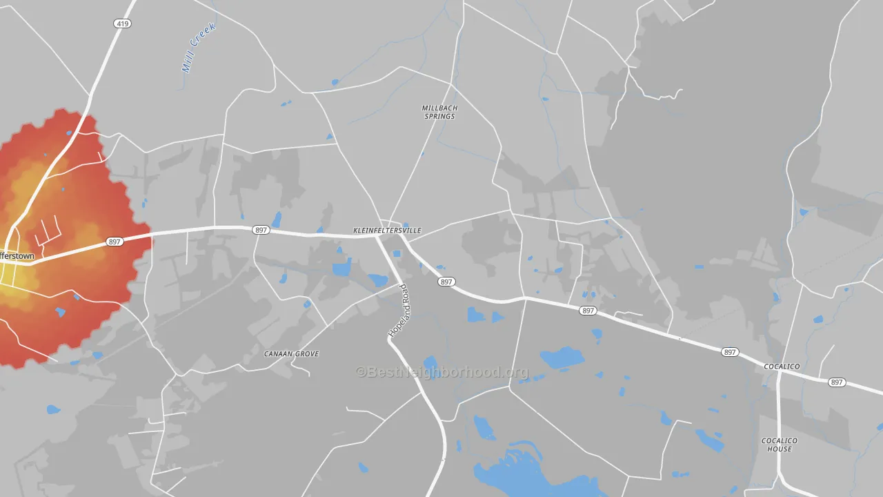 Walk Grade map of 17039, PA, walkable areas in green and car-dependent areas in red