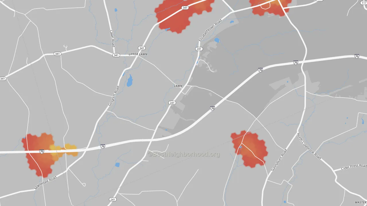 Walk Grade map of 17041, PA, walkable areas in green and car-dependent areas in red