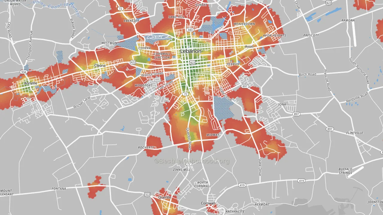 Walk Grade map of 17042, PA, walkable areas in green and car-dependent areas in red