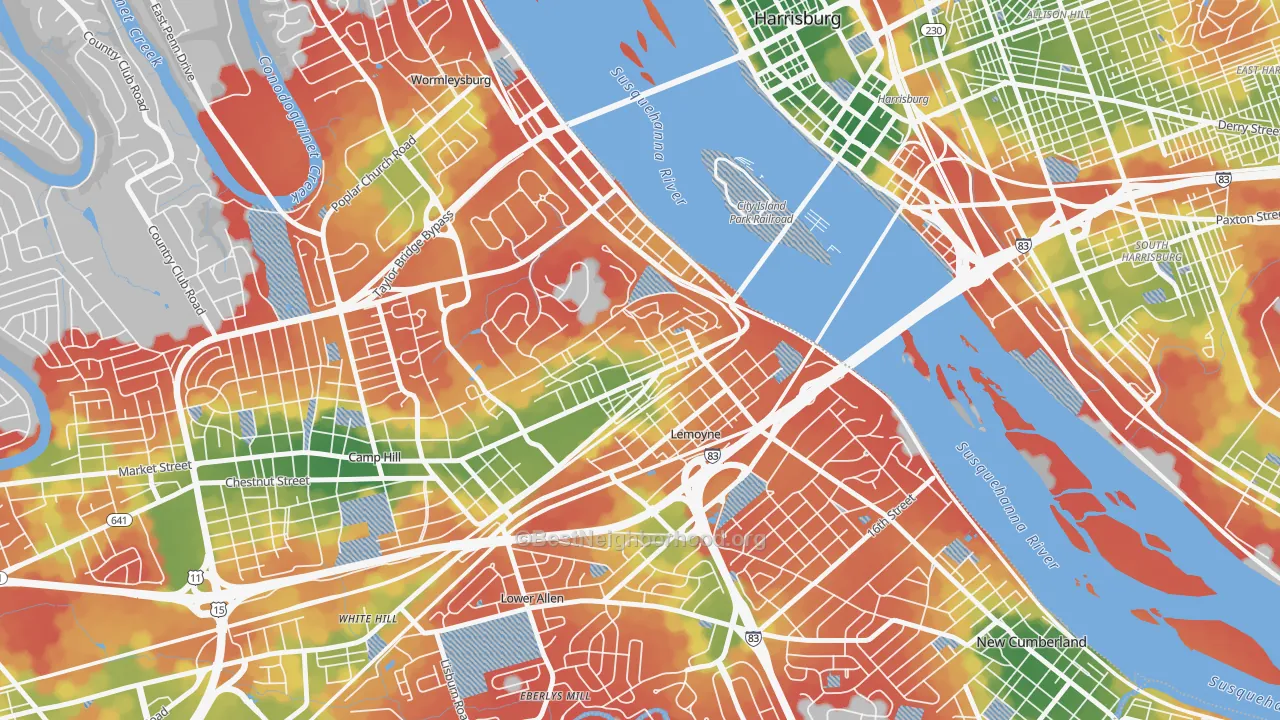 Walk Grade map of 17043, PA, walkable areas in green and car-dependent areas in red