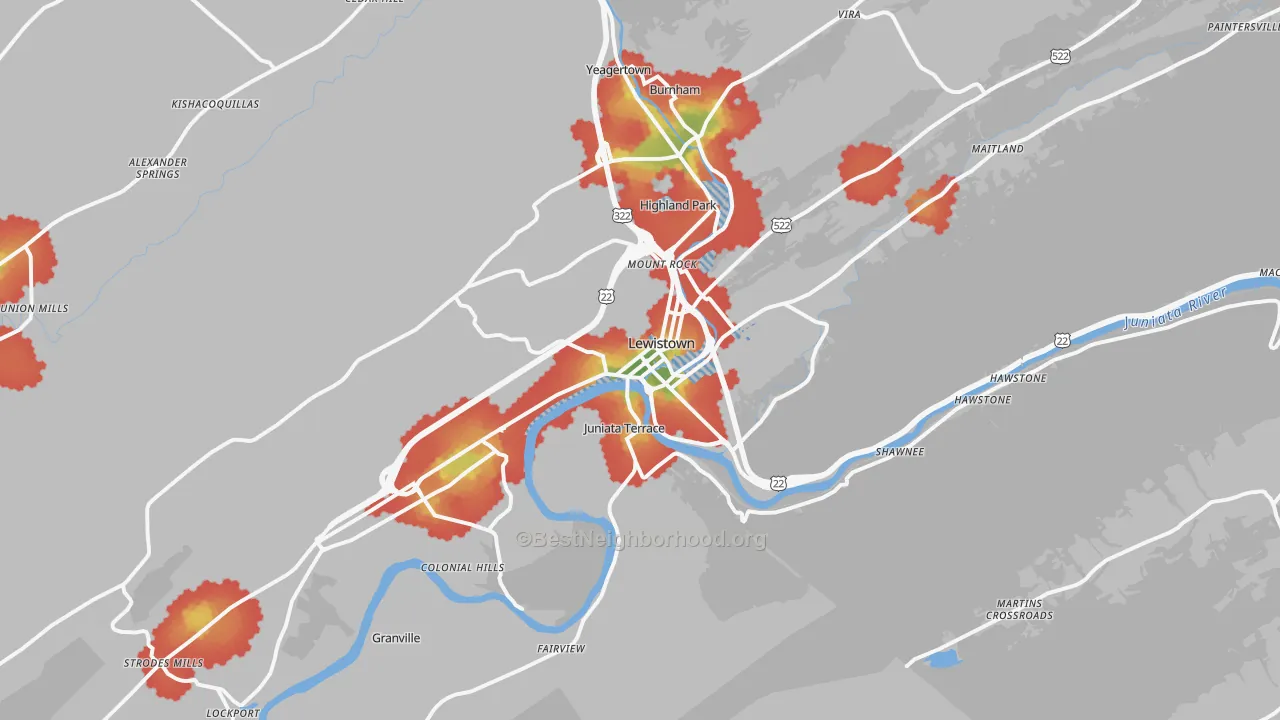 Walk Grade map of 17044, PA, walkable areas in green and car-dependent areas in red