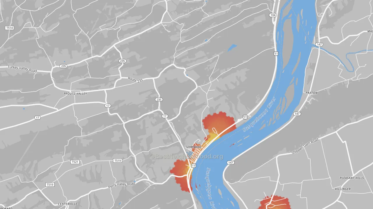 Walk Grade map of 17045, PA, walkable areas in green and car-dependent areas in red