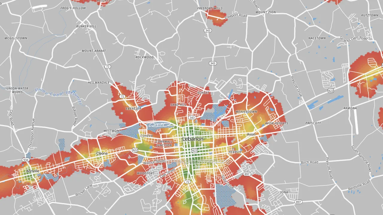 Walk Grade map of 17046, PA, walkable areas in green and car-dependent areas in red