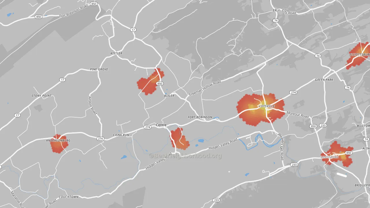 Walk Grade map of 17047, PA, walkable areas in green and car-dependent areas in red