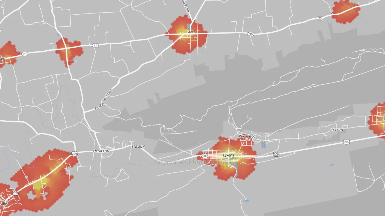 Walk Grade map of 17048, PA, walkable areas in green and car-dependent areas in red