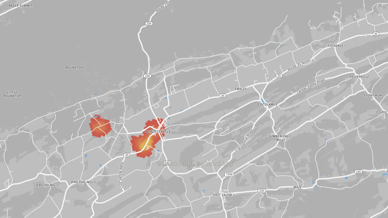 Walk Grade map of 17049, PA, walkable areas in green and car-dependent areas in red