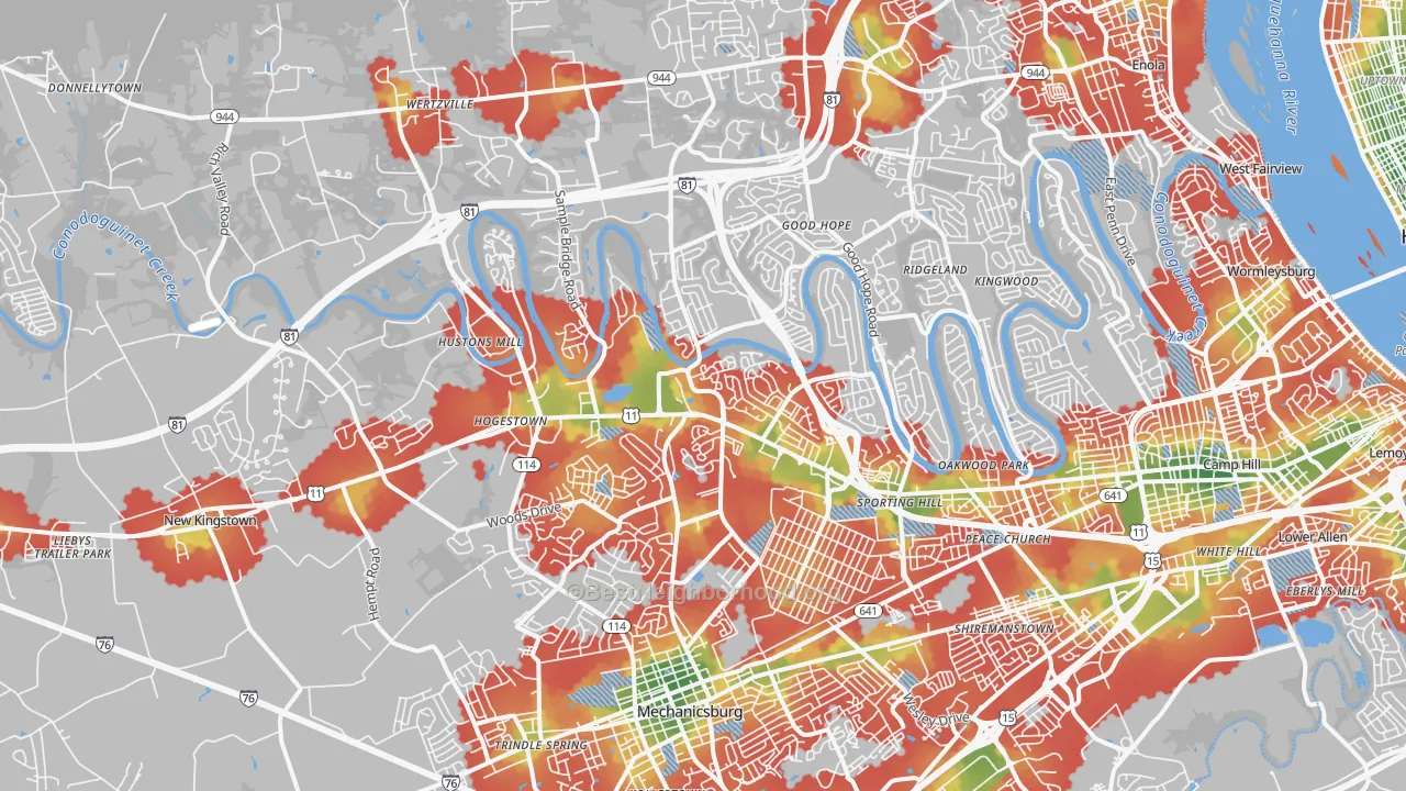 Walk Grade map of 17050, PA, walkable areas in green and car-dependent areas in red