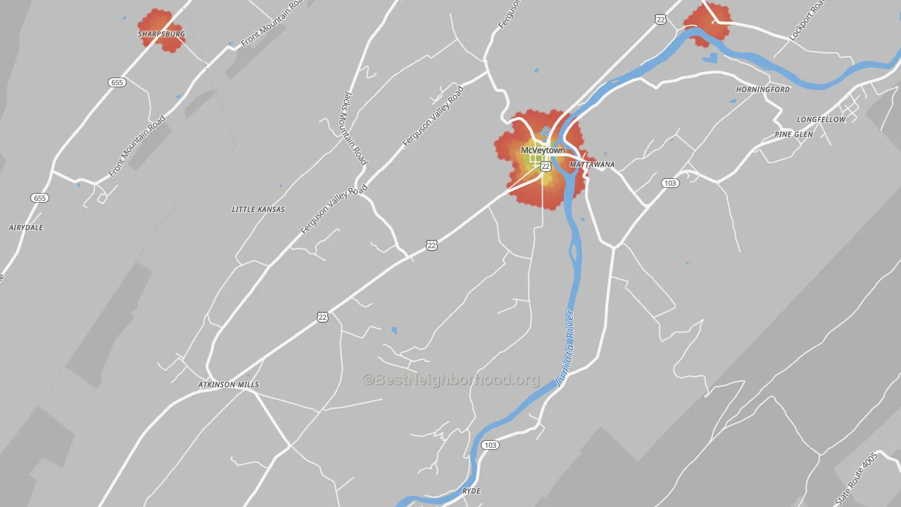 Walk Grade map of 17051, PA, walkable areas in green and car-dependent areas in red
