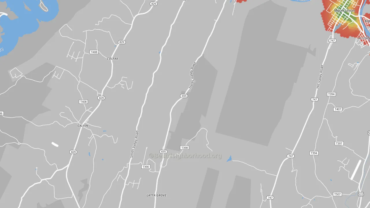 Walk Grade map of 17052, PA, walkable areas in green and car-dependent areas in red