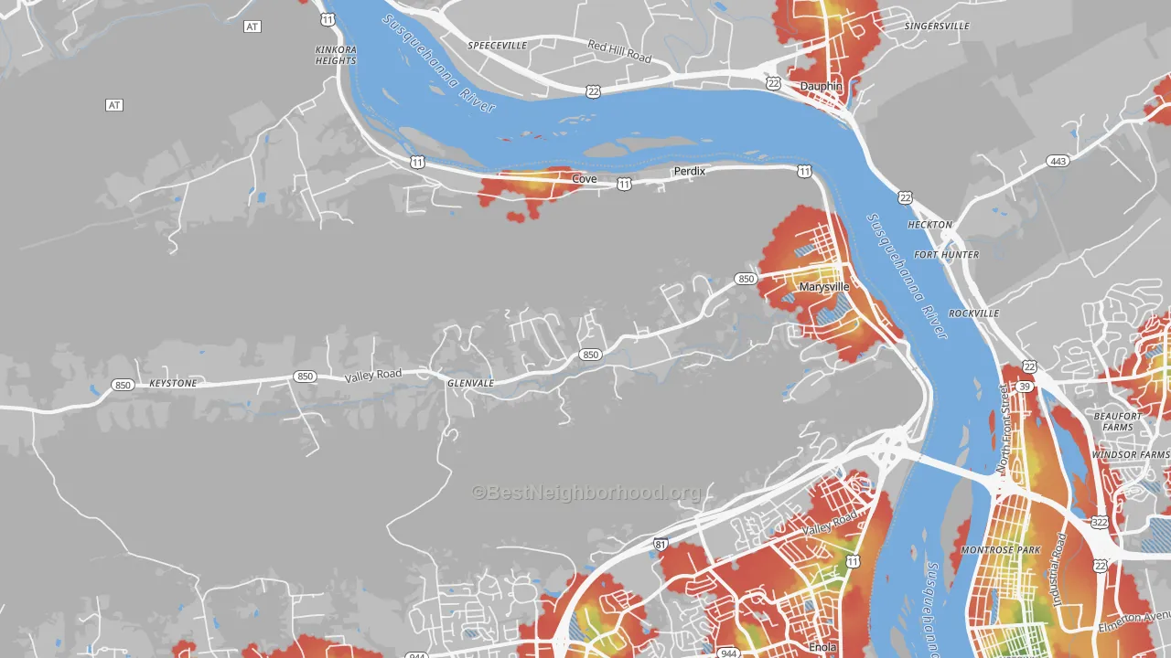 Walk Grade map of 17053, PA, walkable areas in green and car-dependent areas in red