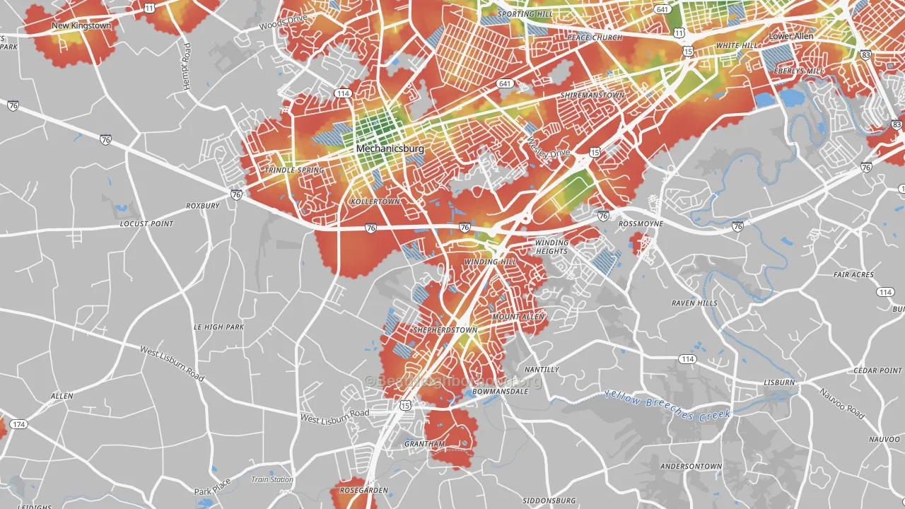 Walk Grade map of 17055, PA, walkable areas in green and car-dependent areas in red