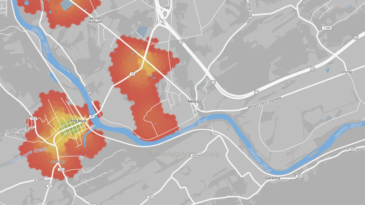Walk Grade map of 17056, PA, walkable areas in green and car-dependent areas in red