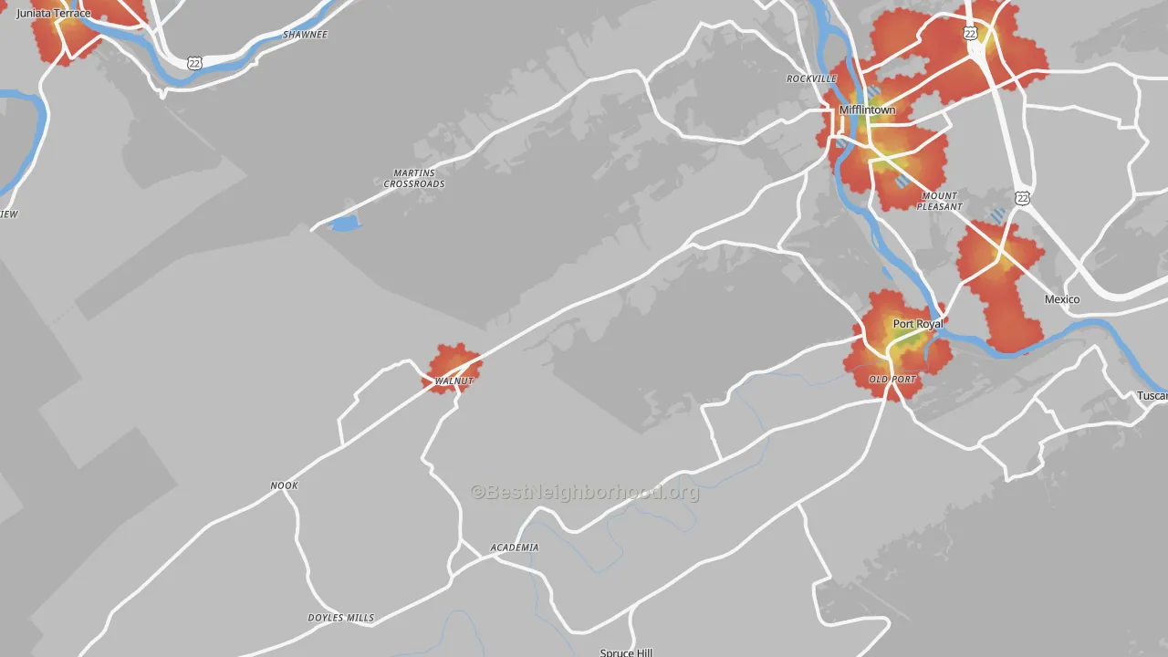 Walk Grade map of 17058, PA, walkable areas in green and car-dependent areas in red