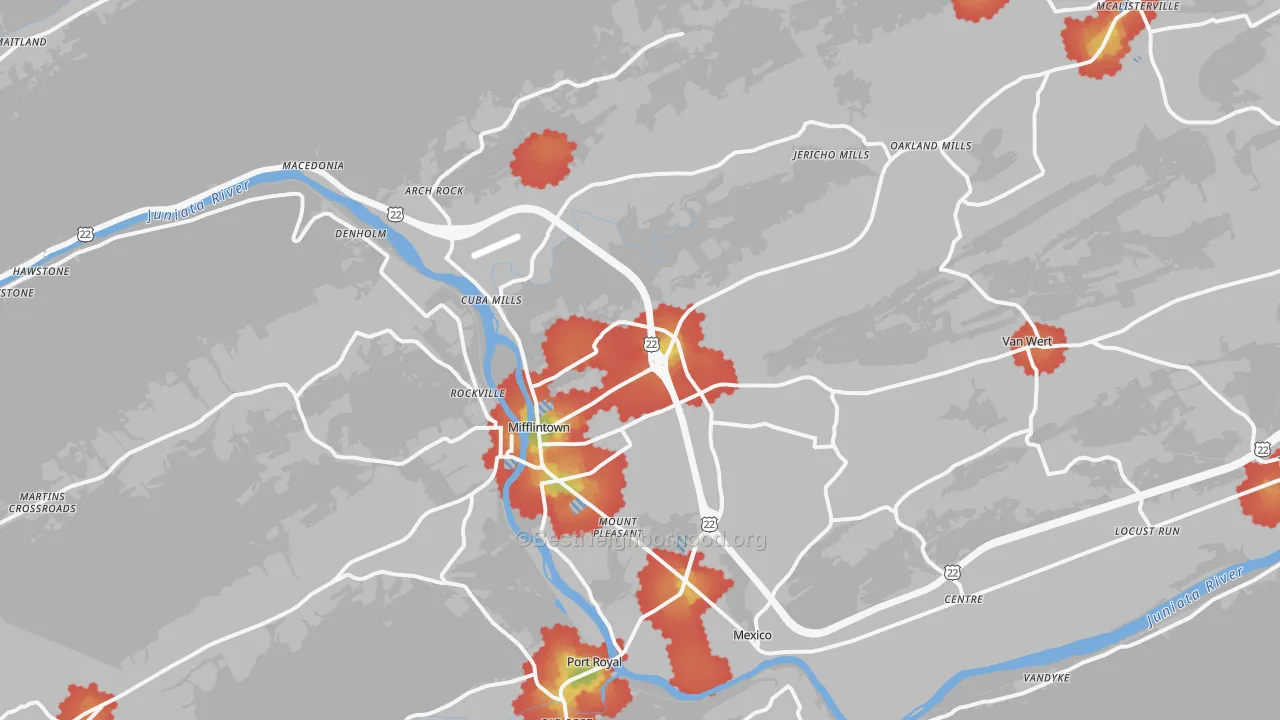 Walk Grade map of 17059, PA, walkable areas in green and car-dependent areas in red