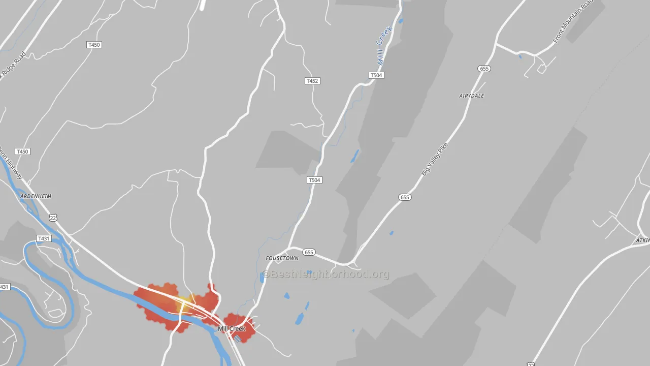 Walk Grade map of 17060, PA, walkable areas in green and car-dependent areas in red