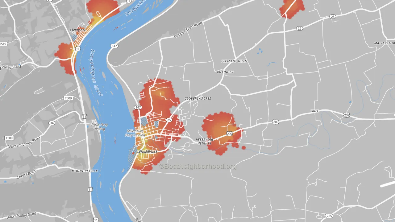 Walk Grade map of 17061, PA, walkable areas in green and car-dependent areas in red