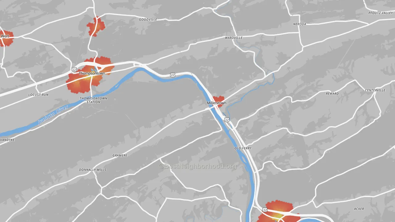 Walk Grade map of 17062, PA, walkable areas in green and car-dependent areas in red