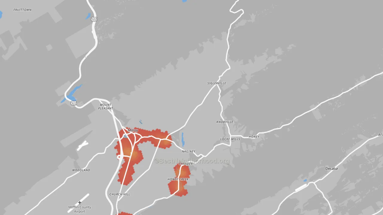 Walk Grade map of 17063, PA, walkable areas in green and car-dependent areas in red