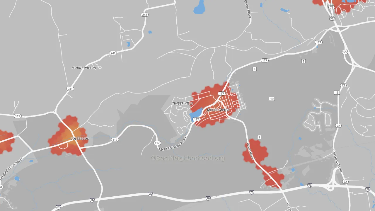 Walk Grade map of 17064, PA, walkable areas in green and car-dependent areas in red
