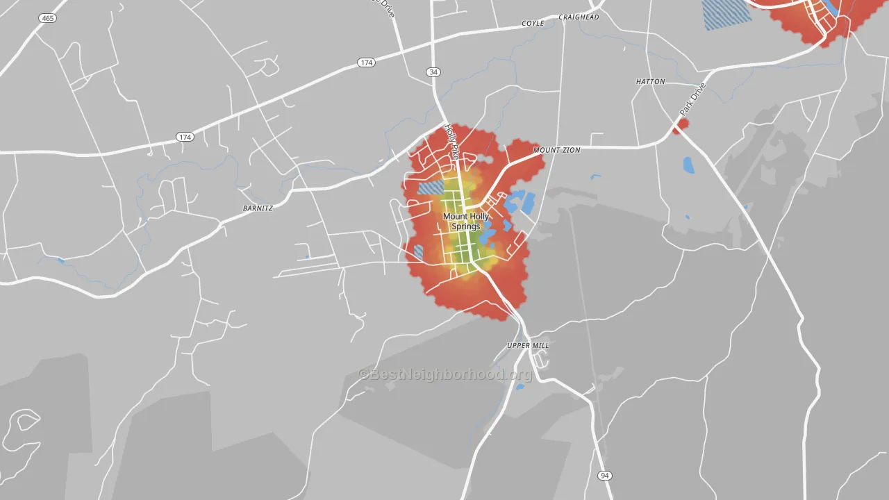 Walk Grade map of 17065, PA, walkable areas in green and car-dependent areas in red
