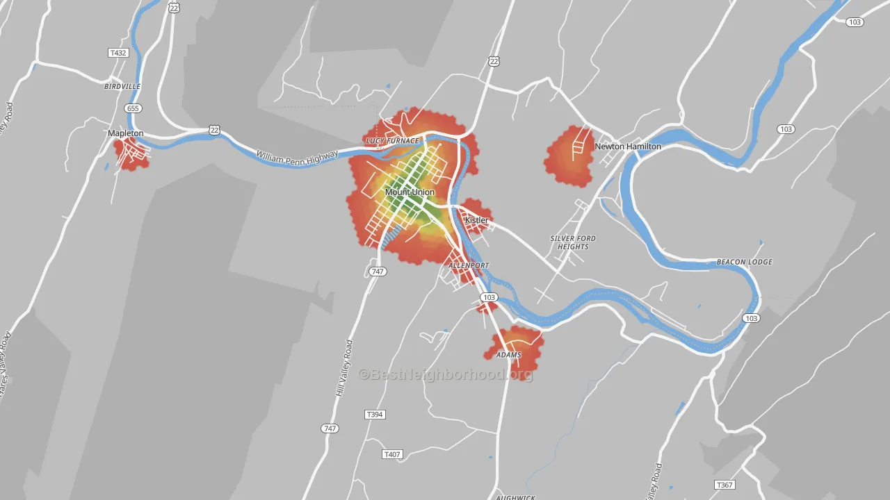 Walk Grade map of 17066, PA, walkable areas in green and car-dependent areas in red