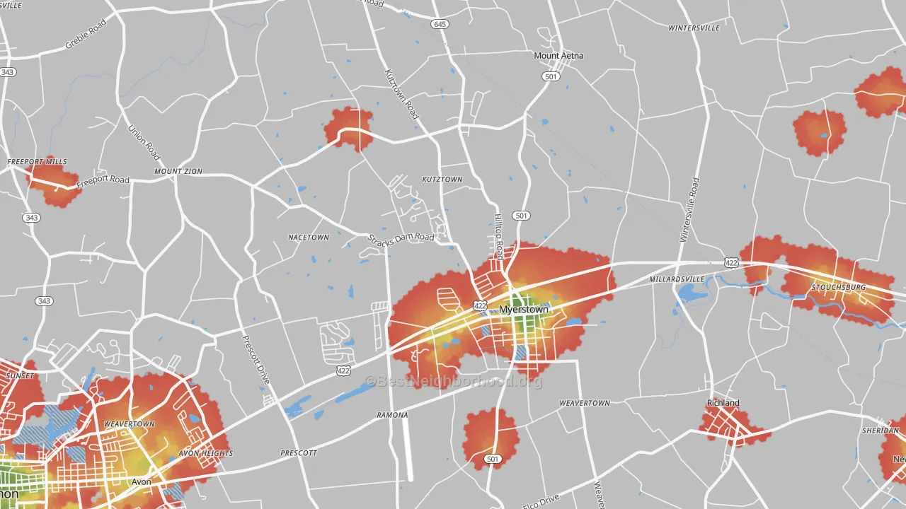 Walk Grade map of 17067, PA, walkable areas in green and car-dependent areas in red