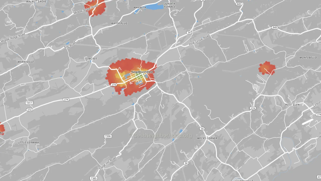 Walk Grade map of 17068, PA, walkable areas in green and car-dependent areas in red