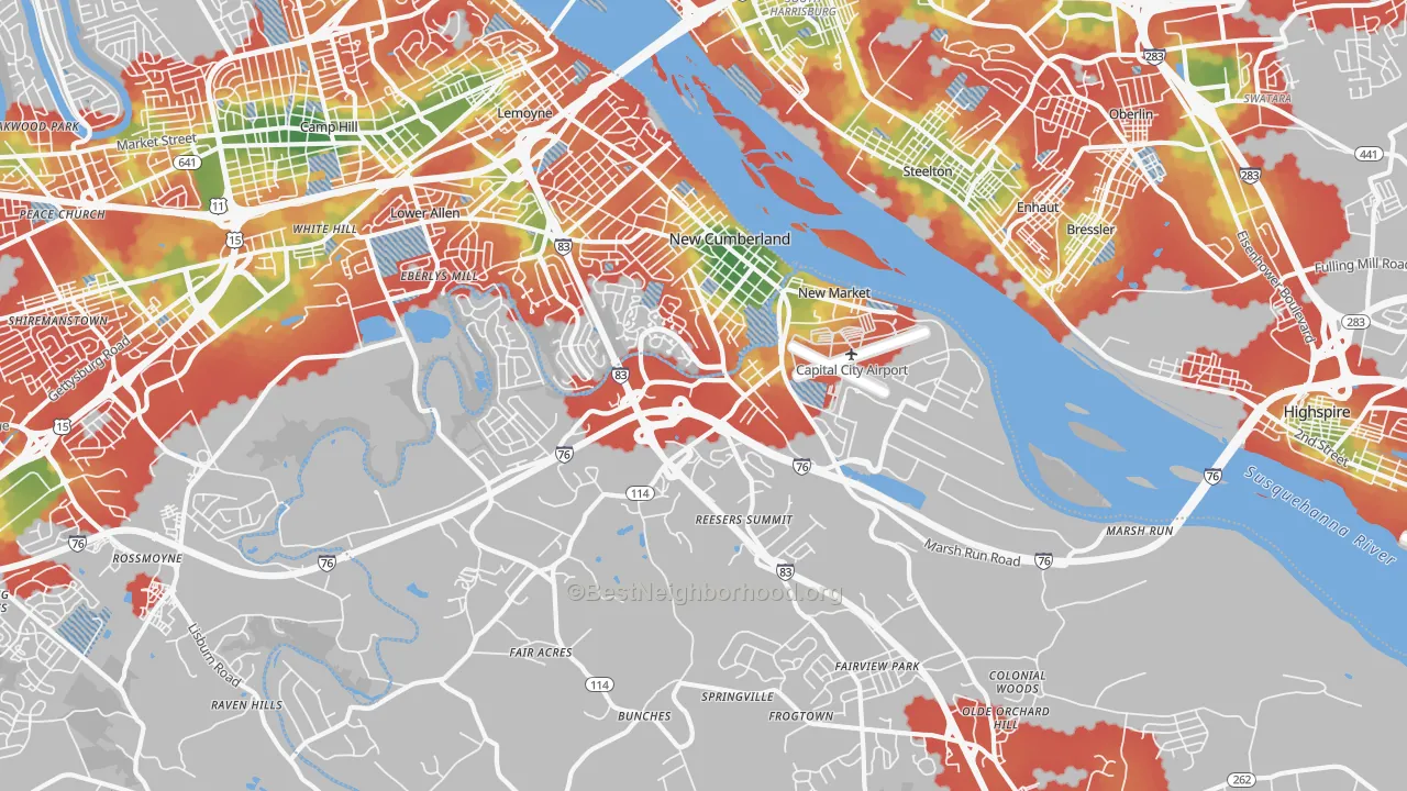 Walk Grade map of 17070, PA, walkable areas in green and car-dependent areas in red