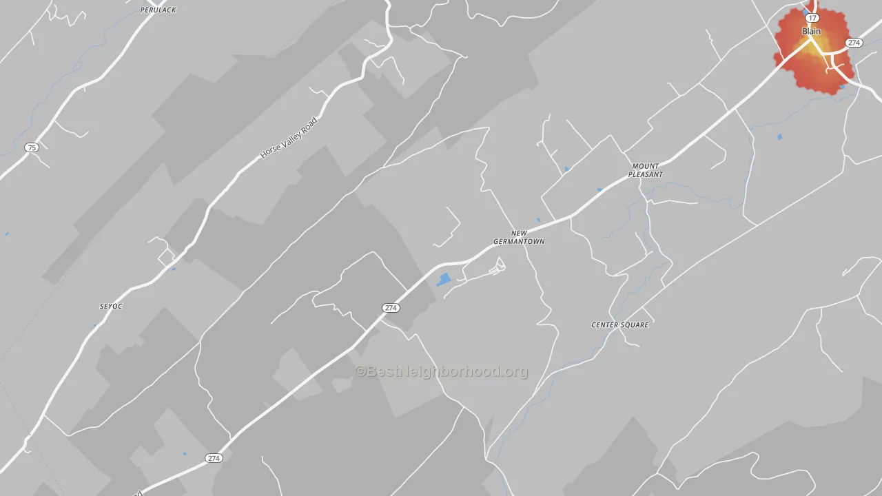 Walk Grade map of 17071, PA, walkable areas in green and car-dependent areas in red