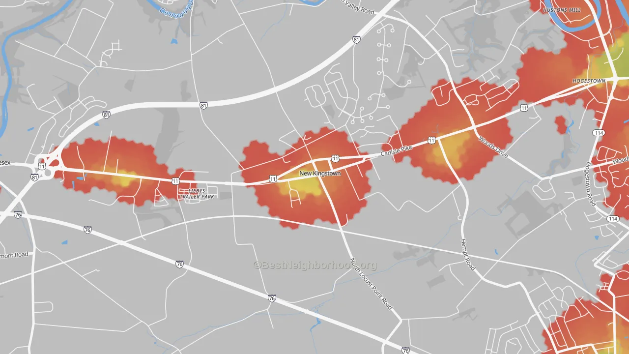 Walk Grade map of 17072, PA, walkable areas in green and car-dependent areas in red