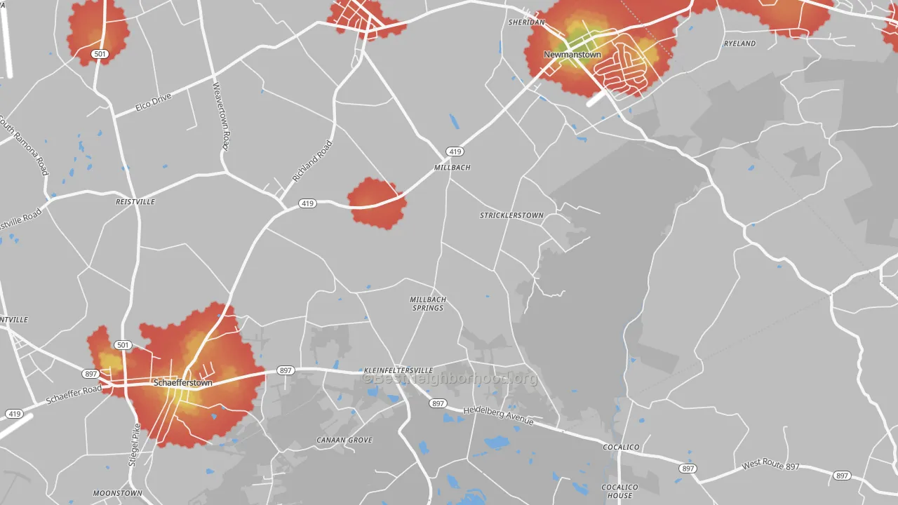 Walk Grade map of 17073, PA, walkable areas in green and car-dependent areas in red