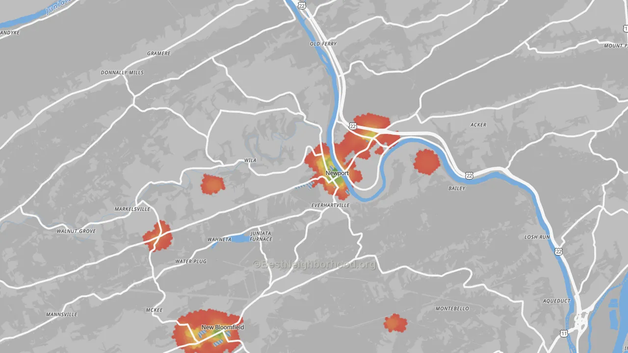 Walk Grade map of 17074, PA, walkable areas in green and car-dependent areas in red