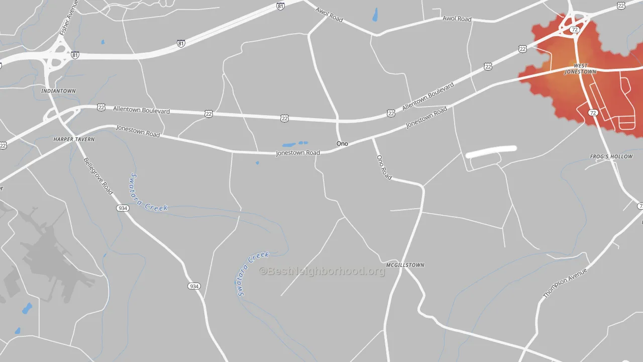 Walk Grade map of 17077, PA, walkable areas in green and car-dependent areas in red